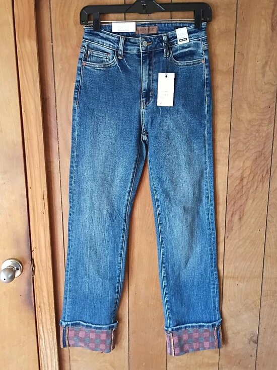 Judy Blue Denim - Judy Blue High Waist Jeans Size 1/25 NWT Plaid Cuff Boutique Denim